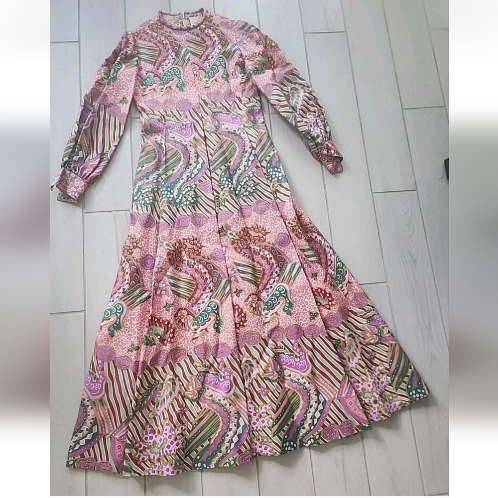 Pink Patterned Long Sleeve Maxi Dress